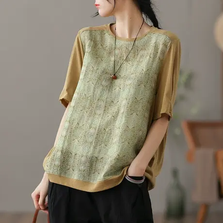 dza复古薄款棉麻上衣女士夏季短袖t恤女装休闲打底体恤亚麻打底衫商品大图