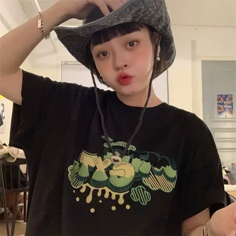 红续韩版复古印花短袖t恤女夏季新款overize宽松纯棉显瘦黑色上衣商品大图
