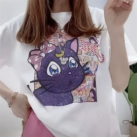 2021年夏季重工烫钻短袖t恤女中长款宽松显瘦百搭欧货潮牌上衣ins商品大图