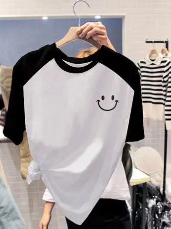 欧货仿棉短袖t恤女2023春夏季新款白色百搭体恤拼色减龄女士上衣图片