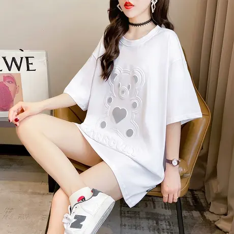 网红ins超火短袖t恤女夏韩版宽松中长款下衣失踪小熊百搭上衣服潮图片