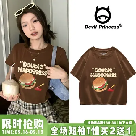 美式学院风复古卡通印花咖啡色短袖女t恤小众超火ins潮牌短款上衣商品大图