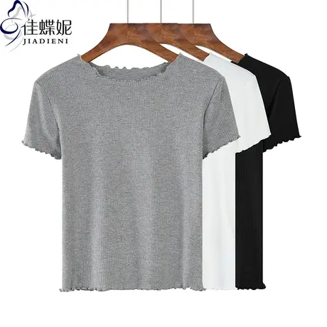 夏季新款韩版圆领修身纯棉短款纯欲荷叶边短袖体恤上衣内搭女打底商品大图