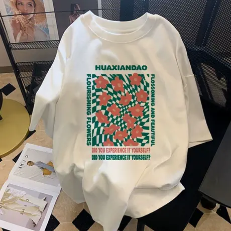 胖mm遮肉白色t恤女oversize大码显瘦短袖别致圆领纯棉上衣ins潮夏商品大图