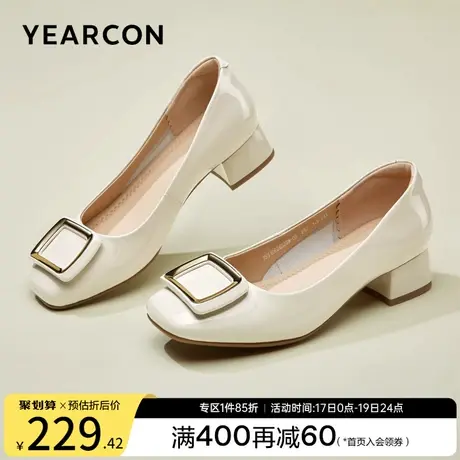 意尔康女鞋2023秋季新款漆皮女士单鞋粗跟皮鞋方头气质通勤工作鞋商品大图