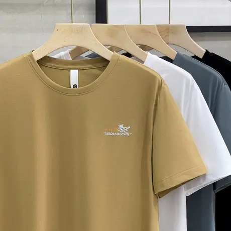 凉感冰丝棉男士短袖T恤欧美简约刺绣半袖夏季体恤休闲上衣打底衫图片