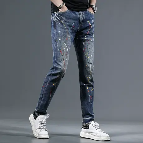 高街牛仔裤男2023夏季新款蓝色修身小脚弹力时尚泼墨薄款男士裤子商品大图