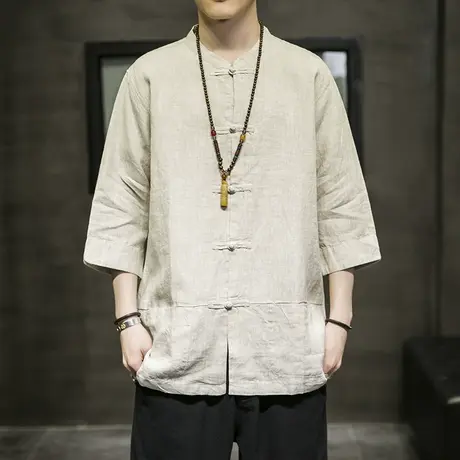 中式亚麻唐装男七分袖衬衫薄款秋季中国风半袖衬衣棉麻盘扣中山装图片