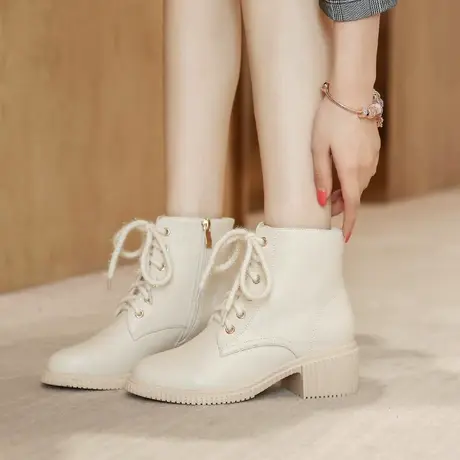 靴子2022新款女冬季短靴百搭白色马丁靴英伦风加绒粗跟中跟米色鞋图片