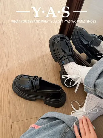 厚底粗跟英伦风小皮鞋女2024春秋季新款一脚蹬懒人单鞋黑色乐福鞋商品大图