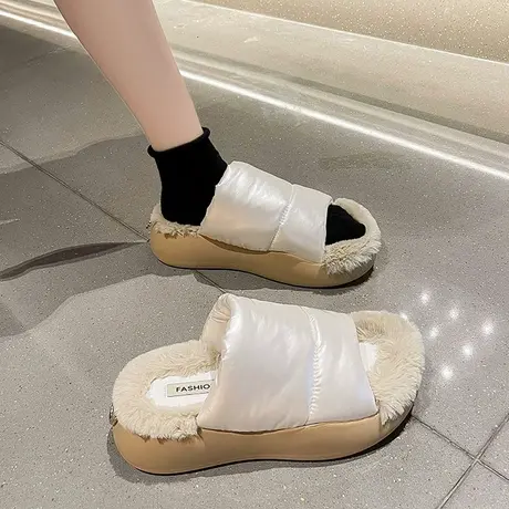 小众时尚厚底保暖羽绒毛毛拖鞋女外穿秋冬新款百搭可爱露趾一字拖图片