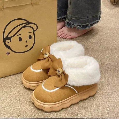 棉拖鞋女冬季加绒保暖时尚可爱蝴蝶结雪地靴厚底防滑外穿包跟棉鞋商品大图