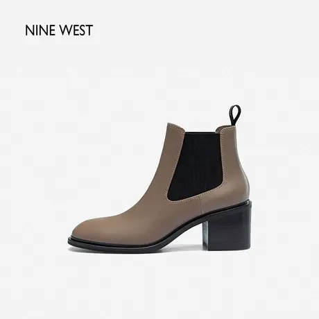 Nine West/玖熙短靴女粗跟秋冬新款切尔西靴圆头中跟牛皮靴弹力图片