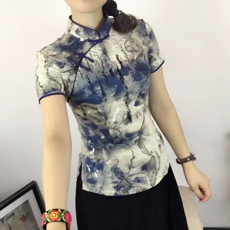 夏民国风女装棉麻改良盘扣短袖旗袍上衣中式修身唐装女茶艺服套装图片