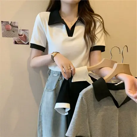 辣妹POLO衫V领撞色短袖T恤女夏季韩版2023新款正肩独特别致上衣服图片