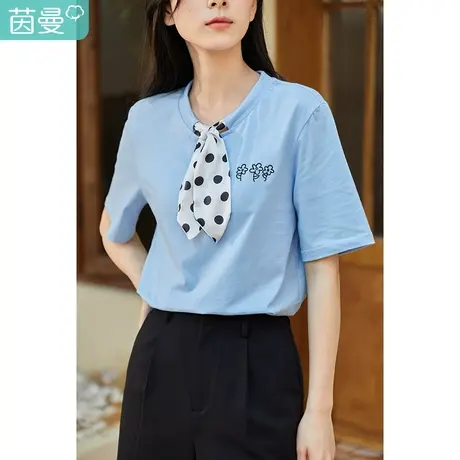 茵曼圆领波点领结T恤女士2023夏季新款宽松显瘦套头通勤纯棉上衣商品大图