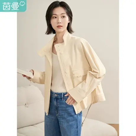 茵曼通勤纯棉短外套女2023年春季新款简约立领显瘦长袖小个子上衣图片