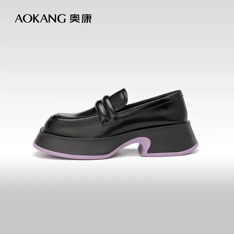 奥康女鞋 春秋季新款圆头松糕底单鞋漆皮系带厚底英伦小皮鞋女图片