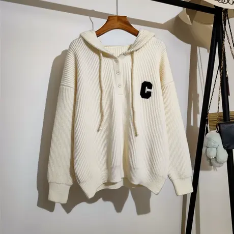 连帽毛衣女宽松套头秋冬新款韩系宽松慵懒风加厚卫衣粗线针织上衣商品大图
