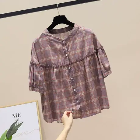 格子衬衫女中袖2023夏季新款设计感小众上衣别致洋气小衫棉质衬衣商品大图