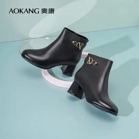 【门店发货】奥康女鞋 2022冬季新款真皮舒适粗高跟时装短靴百搭图片