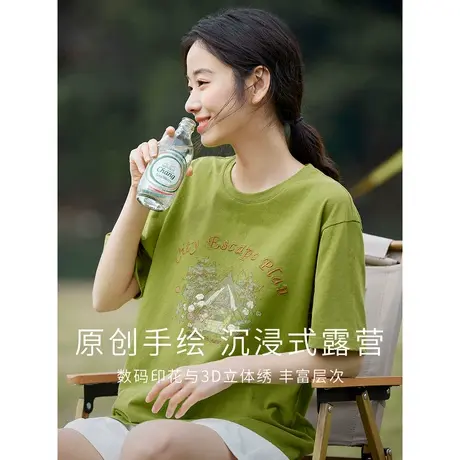 茵曼田园层次感印花绣花T恤2023夏女装新款圆领落肩宽松短袖上衣图片