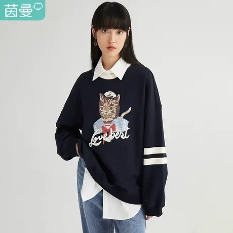 【商场同款】茵曼2023年春季新款女撞色圆领活力印花纯棉短卫衣图片