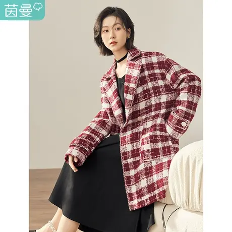 茵曼气质翻领毛呢外套女2023年冬季新款法式格纹宽松显瘦中长大衣图片
