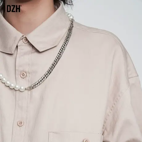 男士卡其色衬衫男长袖春秋潮牌男装2023新款衬衣外套方领上衣宽松商品大图