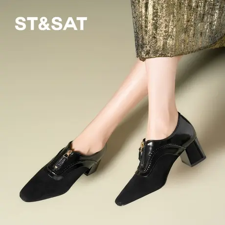 St&Sat/星期六单鞋2025春秋新款中跟粗跟深口女士系带小皮鞋冬款图片