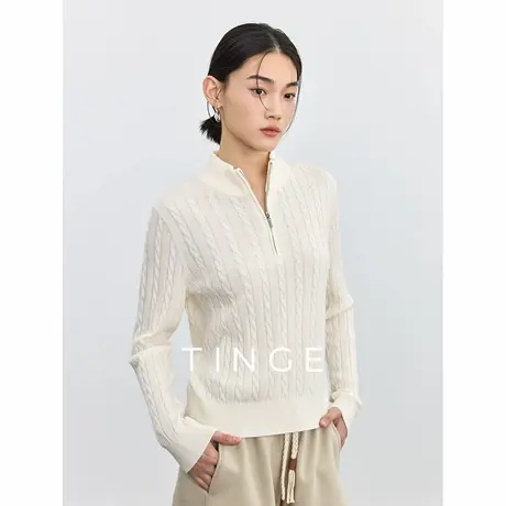 TINGE贴己绞花含羊毛可机洗知识分子针织衫女开春穿搭长袖上衣图片