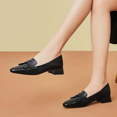 春夏浅口法式复古蝴蝶结女鞋牛皮时尚单鞋方头粗跟舒适日常休闲鞋商品大图