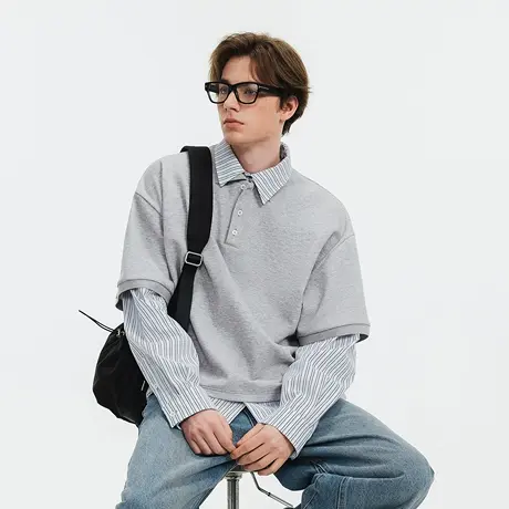 Lilbetter假两件珠地针织polo衫男2025浅春系拼接衬衫领长袖上衣商品大图