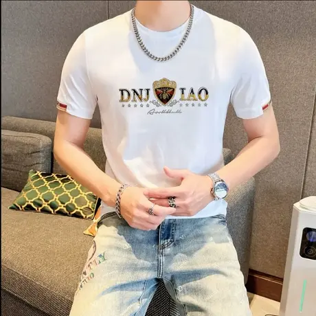 2025夏季新款男士冰丝棉短袖T恤打底衫烫钻半袖夏装上衣服潮男装商品大图
