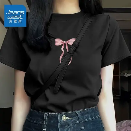 KMV真维斯纯棉黑色正肩短袖女t恤夏2025新款大码半袖女装宽松上衣商品大图