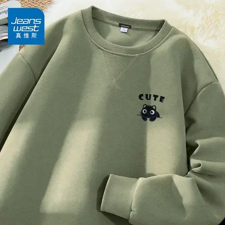 GV真维斯抹茶绿卫衣男女2025春秋款三角重磅圆领情侣款宽松上衣D图片