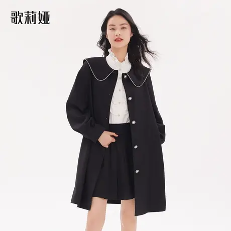 歌莉娅秋季新款娃娃领黑色风衣后背蝴蝶结中长款外套女1A8R6E380图片