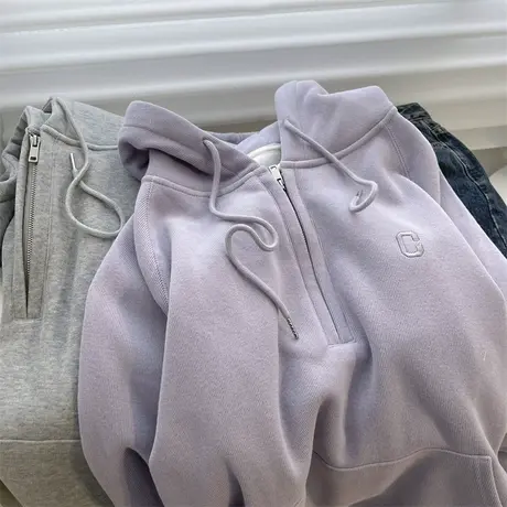 米尼C字母刺绣春秋薄款2023新半拉链卫衣帽衫女紫色宽松外套上衣商品大图