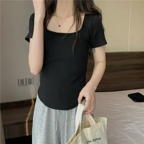 ins超火设计感方领短袖T恤女夏韩版潮小众短款高腰辣妹不规则上衣图片