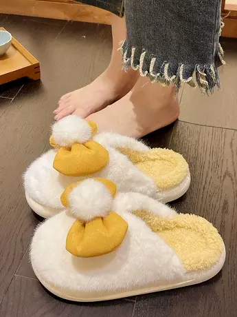 小球蝴蝶结棉拖鞋女可爱秋季居家室内保暖大学生宿舍毛绒拖鞋女冬图片