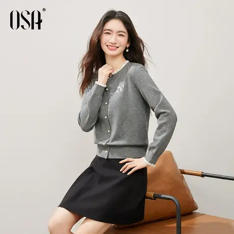 [新品]OSA欧莎格雷系灰色针织衫女2025秋季新款花边圆领套头毛衣商品大图