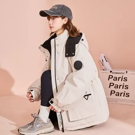 【防水】唐狮2024冬季新款工装羽绒服女连帽撞色休闲鸭绒羽绒外套商品大图