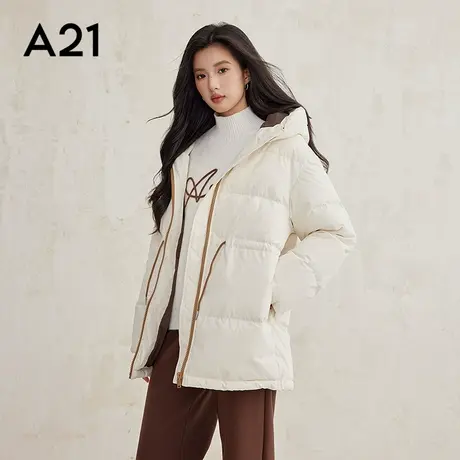 A21女装梭织宽松连帽落肩开襟厚中长羽绒服保暖加厚长款羽绒外套商品大图