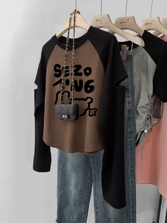 秋季薄款打底衫女袖口破洞高级感小个子上衣ins潮大码显瘦长袖T恤商品大图