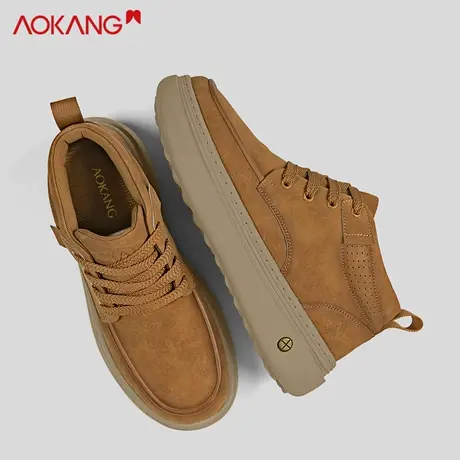 奥康男士休闲皮鞋中帮系带厚底马丁靴棕色工装鞋男英伦风潮流百搭图片
