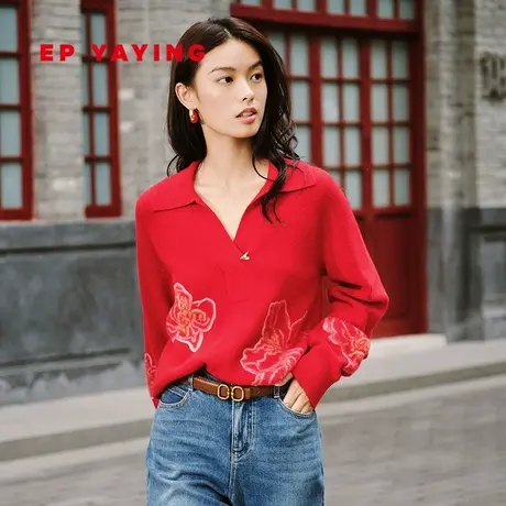 [唐嫣同款]EP雅莹女装 国风提花针织衫套头上衣 2023秋冬新9515A商品大图