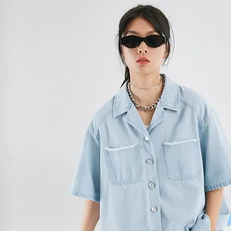 omont蛋挞家 复古休闲宽松西装领衬衫牛仔外套女短袖衬衣夏新款商品大图