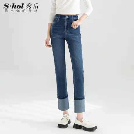 秀后烟管裤2023早秋新款牛仔裤高腰弹力显瘦九分直筒裤女裤商品大图