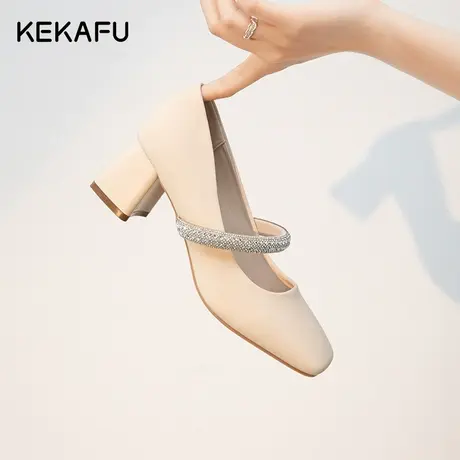 珂卡芙粗跟玛丽珍鞋女2023新款秋季配裙子单鞋时尚气质白色高跟鞋图片