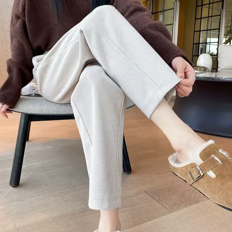 呢子直筒裤女秋冬新款高腰显瘦加厚小个子哈伦西装休闲九分毛呢裤图片